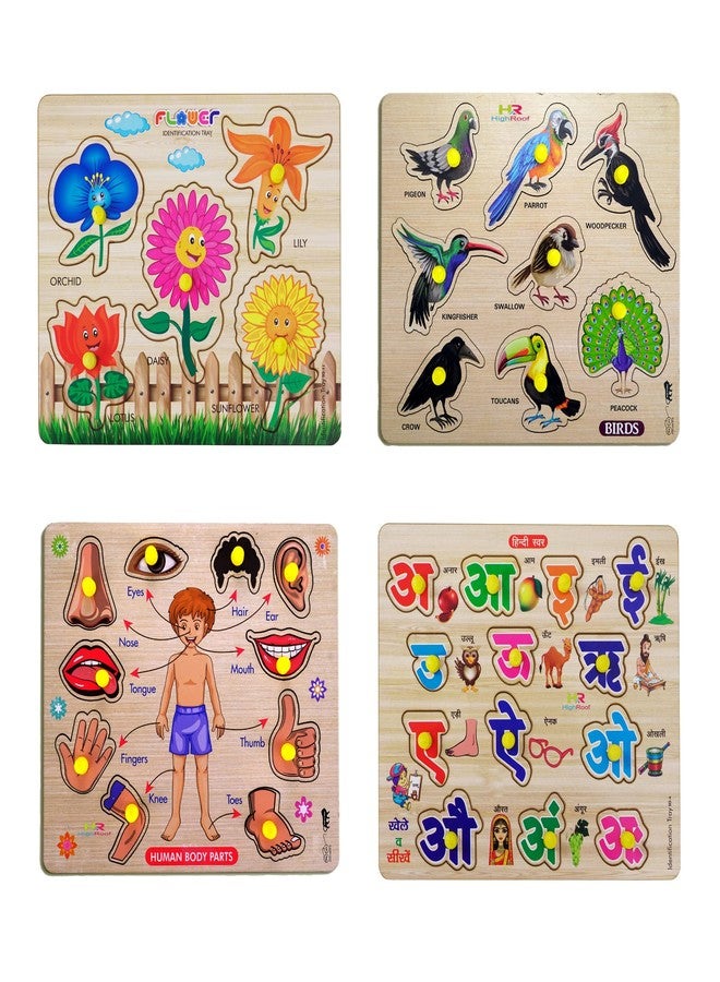 HIGHROOF® Kids Fort Pre Nursery Educational Jigsaw Puzzles for Adults Kids Learning Toys Kit Board Game 4 pcs Set of Flower Birds Human Body Parts & Hindi Letters Educational Toy - Image 1